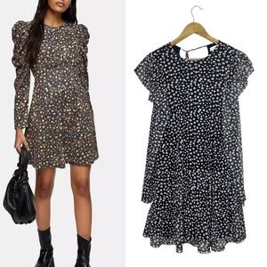 Topshop Black Floral Long Sleeve Dress Ruched Dramatic 10 Ruffle Mini High Neck